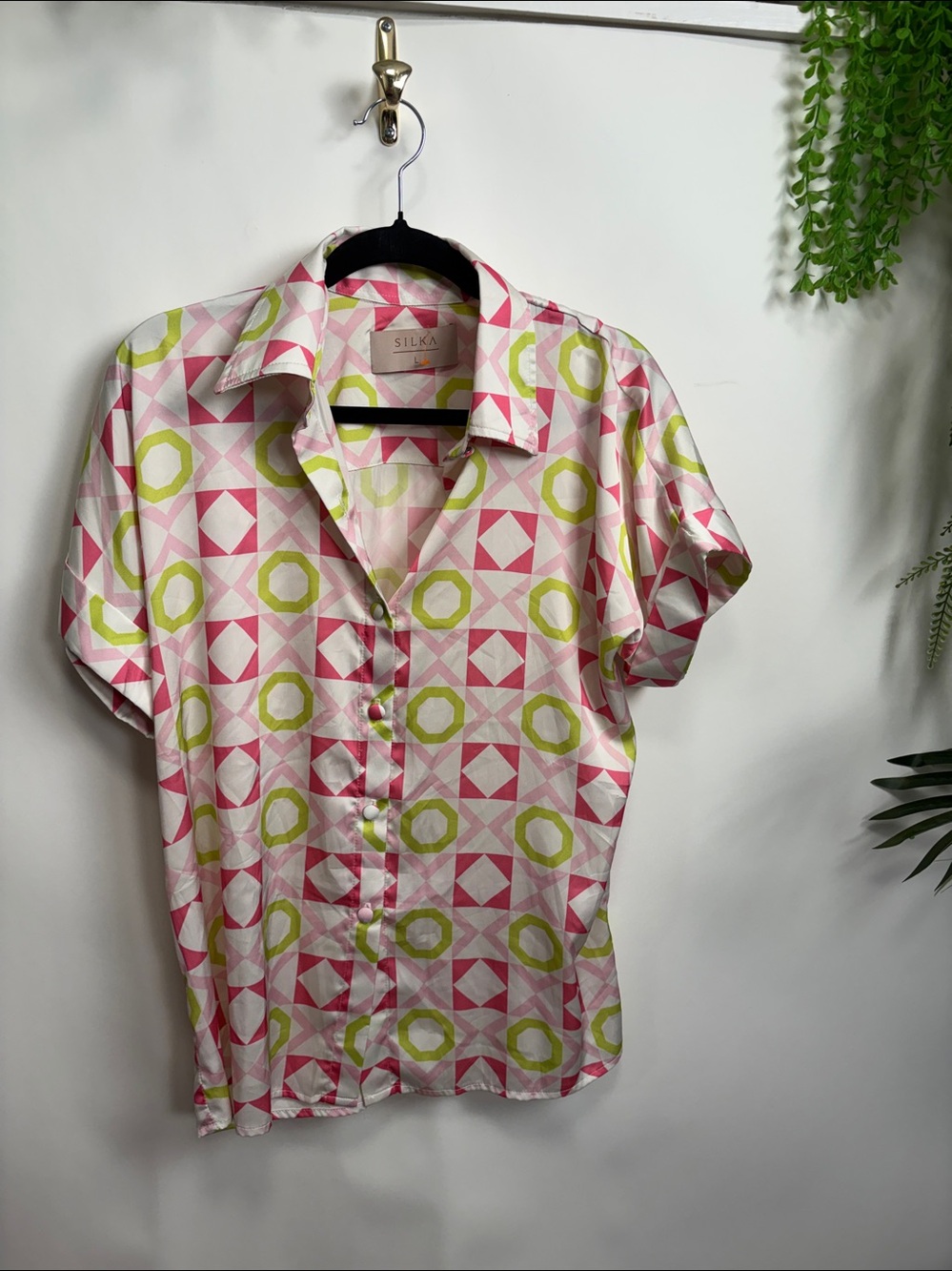 Pink & Lime Geometric Short-Sleeve Blouse